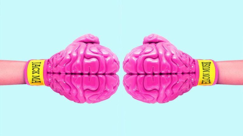 Two boxing gloves, shaped as pink brains, bump fists