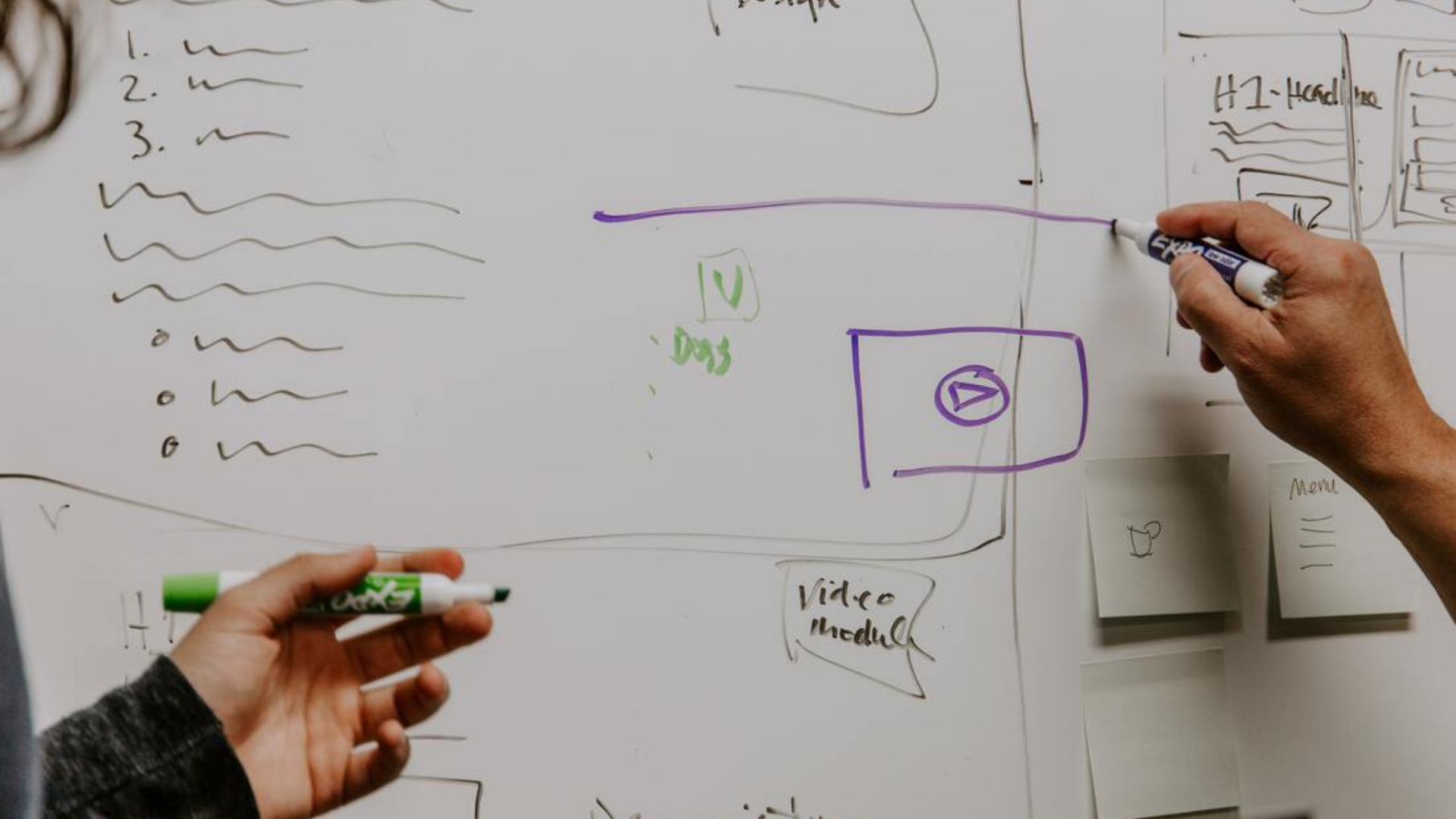 Two hands draw a strategy on a whiteboard