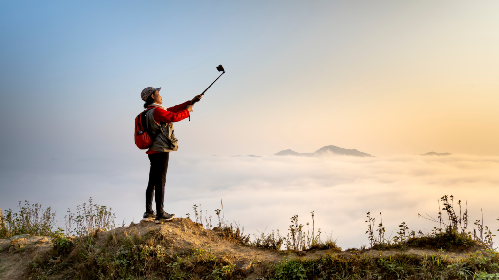 A guide uses a selfie stick to do a virtual tour