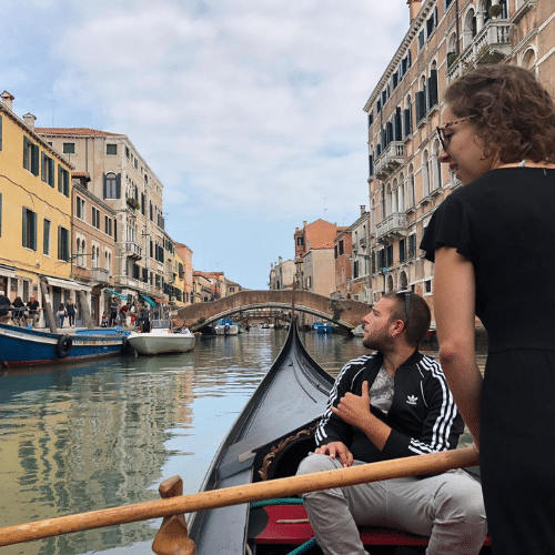 Nikki Padilla Rivera in Venice rowing a gondola